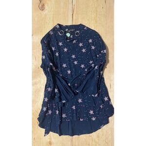 Me-Billa Womens Navy Blue Star Print Ruffle Sleeve Tiered High Low Blouse Large